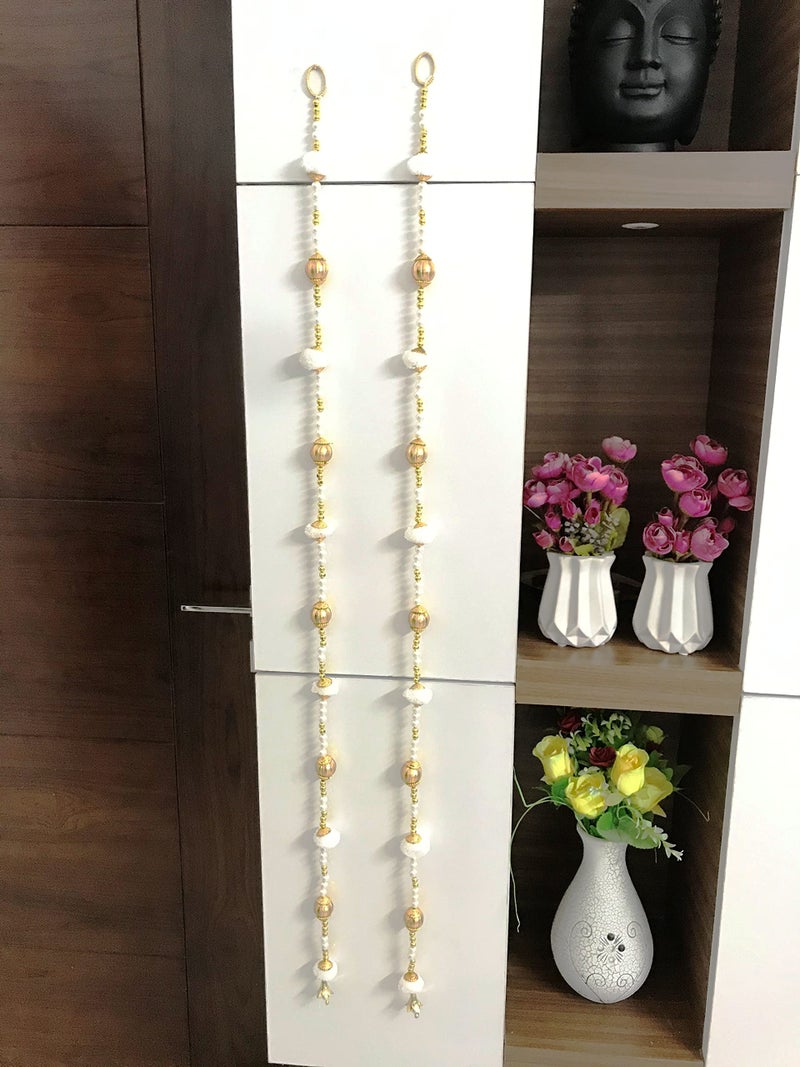 Aahum Handmade Wall Door 6 FT.4 Strings White Pom Pom with White Pearl Golden Beads Hanging Torans Garland Bandhwar Decoration Item for Home Décor Diwali Festival, Navratri, Wedding (6 FT 4 Strings - Image 5