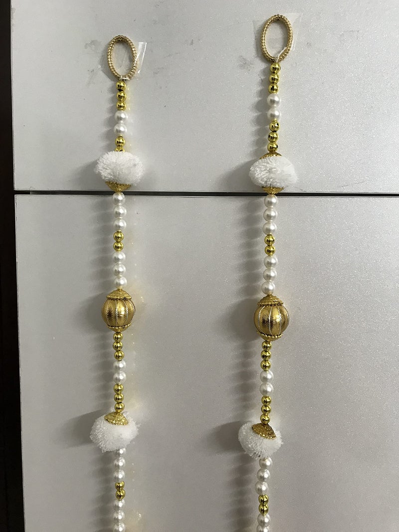 Aahum Handmade Wall Door 6 FT.4 Strings White Pom Pom with White Pearl Golden Beads Hanging Torans Garland Bandhwar Decoration Item for Home Décor Diwali Festival, Navratri, Wedding (6 FT 4 Strings - Image 4