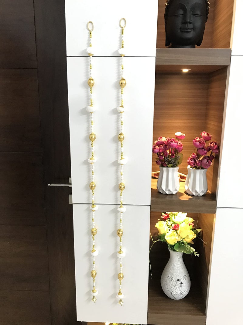 Aahum Handmade Wall Door 6 FT.4 Strings White Pom Pom with White Pearl Golden Beads Hanging Torans Garland Bandhwar Decoration Item for Home Décor Diwali Festival, Navratri, Wedding (6 FT 4 Strings - Image 2