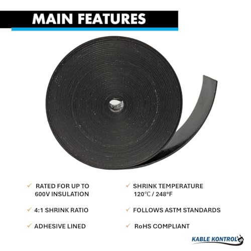 KABLE KONTROL Heat Shrink Tape - 1" Inch Wide - 16.5 Ft Rolls - 4:1 Adhesive Lined Shrinkable Tape for Electrical Cables, Wires, Pipes – Adhesive Activates Upon Heating Melts and Seals, RoHS - Black - Image 2