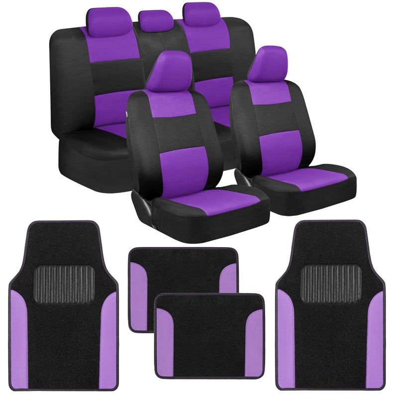 BDK PolyPro Purple Car Seat Covers Full Set with 4-Piece Car Floor Mats - Two-Tone Fits Most Seat Covers for Cars with Carpet Floor Mats, Seat Protector Interior Accessories for Auto Truck SUV - Image 1
