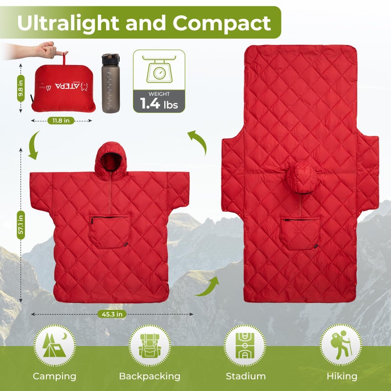 ATEPA Wearable Sleeping Bag, Recycled Camping Wearable Down Blanket Poncho, Ultralight Warm Water Repellent Cold Weather Winter Poncho Coat Suit for Outdoor Sports Stadium Men Women, Red - Image 4