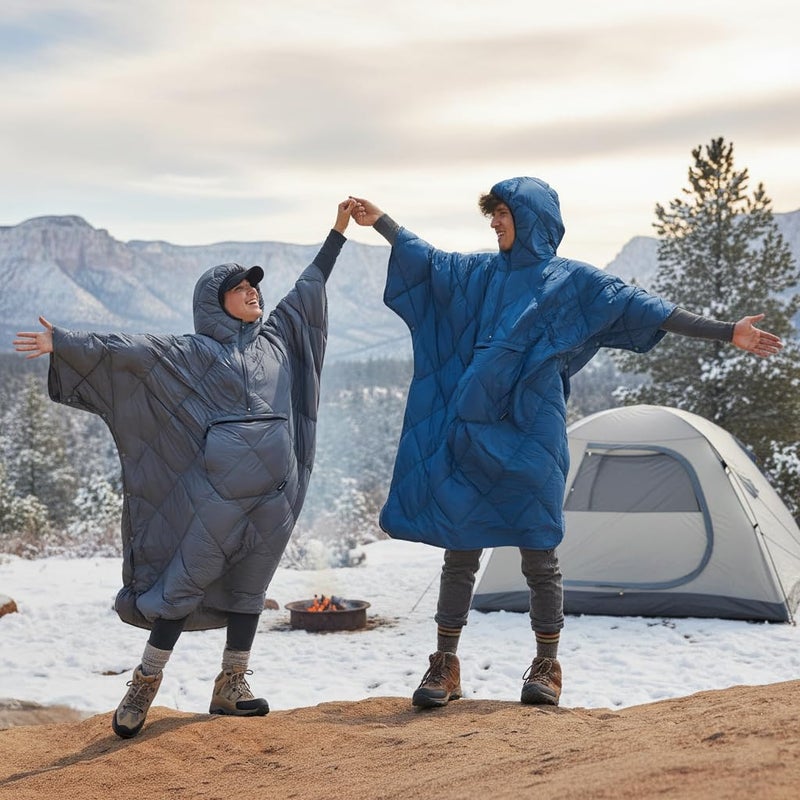 ATEPA Wearable Sleeping Bag, Recycled Camping Wearable Down Blanket Poncho, Ultralight Warm Water Repellent Cold Weather Winter Poncho Coat Suit for Outdoor Sports Stadium Men Women, Red - Image 2