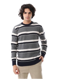 Andora Wide Stripes Slip On Pullover_ Grey, Off White & Navy Blue  - Image 1