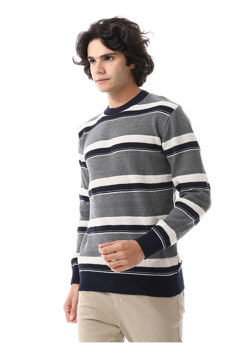 Andora Wide Stripes Slip On Pullover_ Grey, Off White & Navy Blue  - Image 2