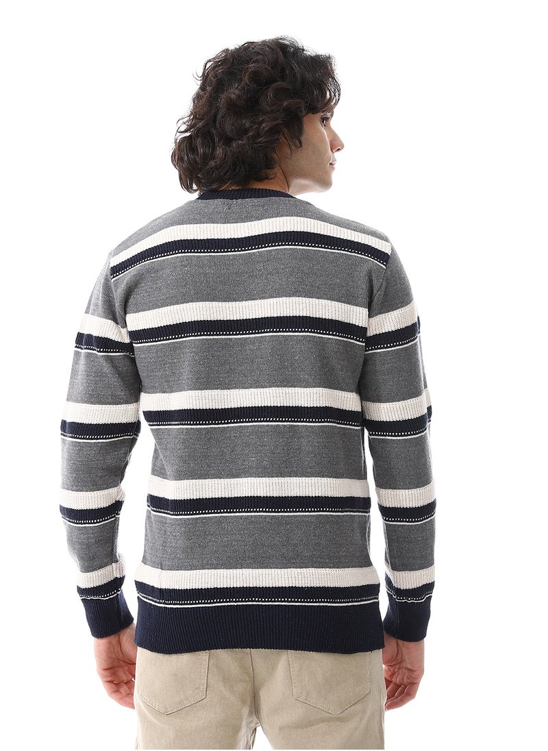 Andora Wide Stripes Slip On Pullover_ Grey, Off White & Navy Blue  - Image 3