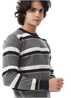 Andora Wide Stripes Slip On Pullover_ Grey, Off White & Navy Blue  - Image 4