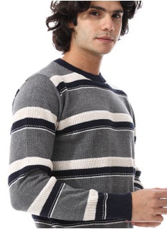 Andora Wide Stripes Slip On Pullover_ Grey, Off White & Navy Blue  - Image 5