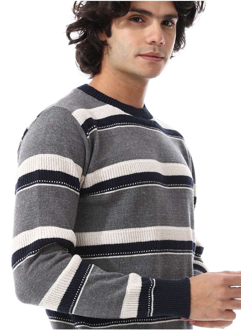 Andora Wide Stripes Slip On Pullover_ Grey, Off White & Navy Blue  - Image 5