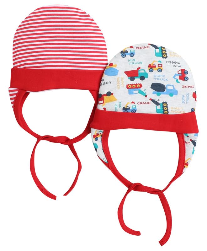 BUMZEE Red & White Baby Boys Ear Flap Tying Cap Pack of 2 Age - 3-6 Months (Peb8620C-red.wht) - Image 1