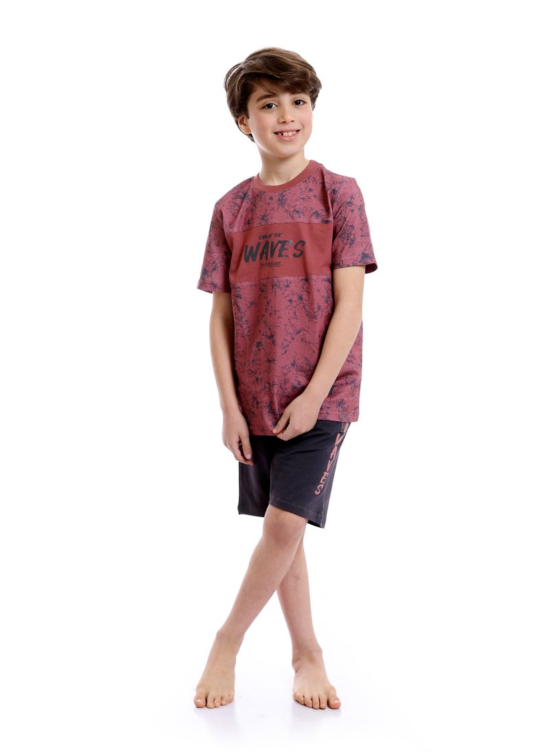 REDCOTTON Printed Round Neck Tee & Shorts Pajama Set - Burgundy & Grey  - Image 3