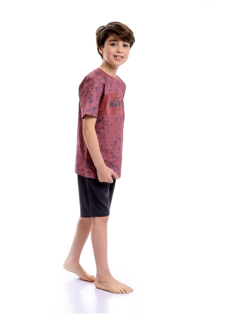 REDCOTTON Printed Round Neck Tee & Shorts Pajama Set - Burgundy & Grey  - Image 2