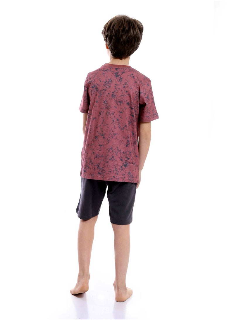 REDCOTTON Printed Round Neck Tee & Shorts Pajama Set - Burgundy & Grey  - Image 4