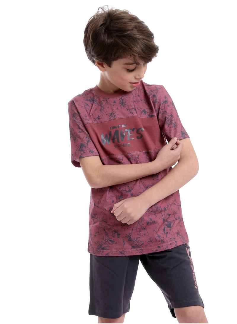 REDCOTTON Printed Round Neck Tee & Shorts Pajama Set - Burgundy & Grey  - Image 1