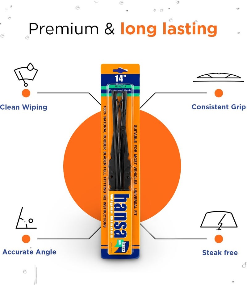 HANZA 14 Inch Universal Car Windshield Wiper Blade Set for Clear Visibility, Streak-Free Cleaning, Smooth Rain Wiping, Front Windshield Replacement, Natural Rubber Wiper Blades, Metal Frame, All Weather Automotive Windshield Wiper for Cars Erpc WP 10046 - Image 2