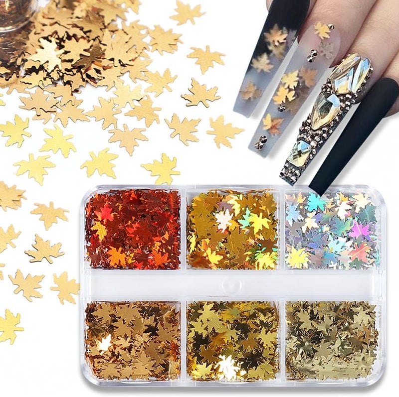 Fall Nail Art Glitters - Maple Leaf Nail Art Supplies Sequins 3D Gold Laser Nails Glitter Flake Holographic Fall Leaves Glitter Nail Sticker for Manicure Autumn Winter Gel Nail Art Decorations 6 Grids
