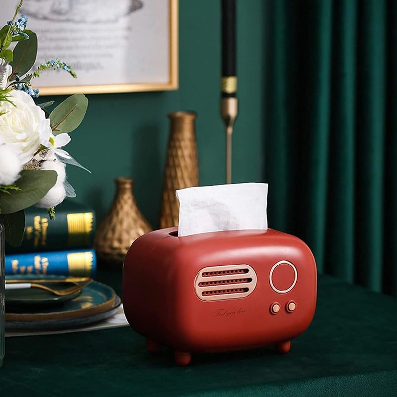 JAMBUVANTI Jenibri Retro Radio Model Tissue Box Facial Tissue Dispenser Box Napkin Organizer Vintage Paper Towel Cover Holder Paper Box Holder Countertop Desktop Decoration for Home Office Kitchen (Red) - Image 1