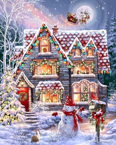 Springboks Christmas Eve Cottage 1000 Piece Jigsaw Puzzle is a Classic Image of a Cozy Christmas Cottage Complete with Snowman and Santa Sailing Above in His Sleigh - Image 1