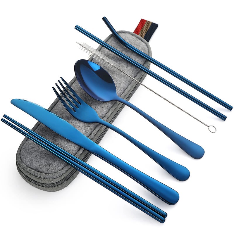 DEVICO Portable Utensils Travel Camping Cutlery Set 8Piece including Knife Fork Spoon Chopsticks Cleaning Brush Straws Portable Case Stainless Steel Flatware set Blue