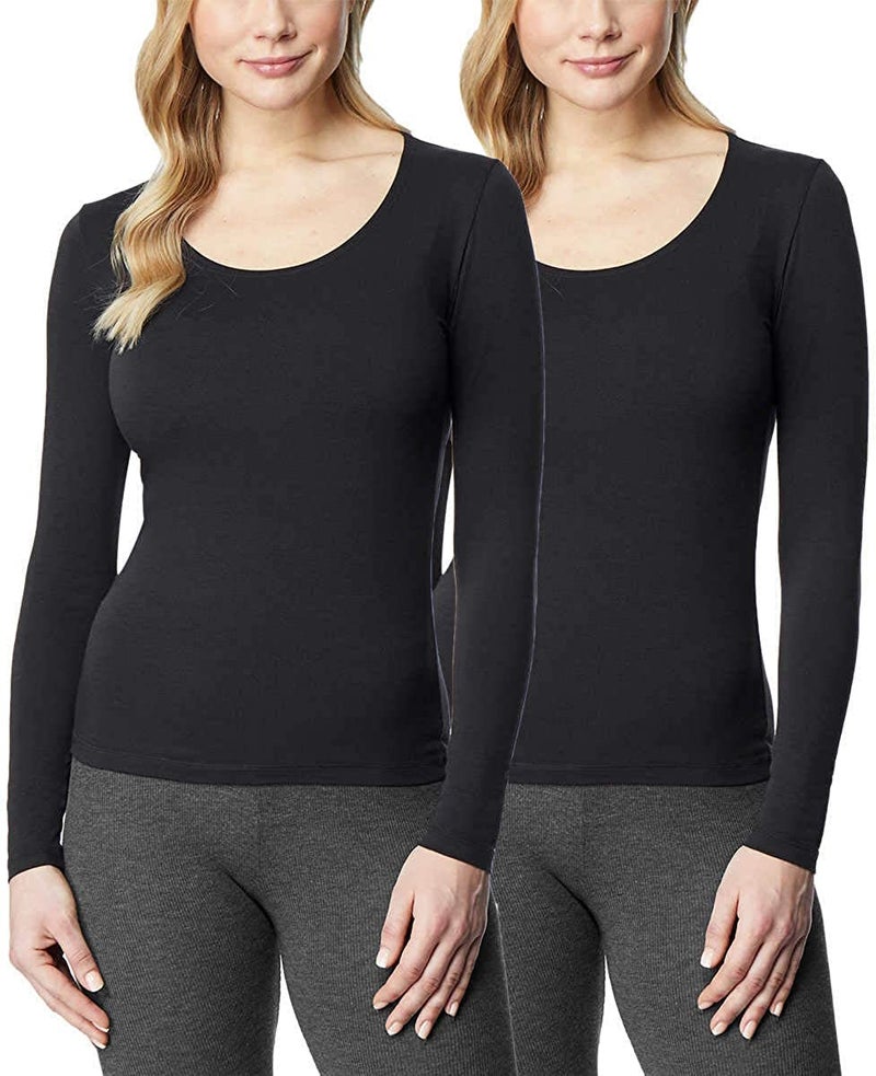 32 Degrees Women's 2 Pack Ultra Light Thermal Baselayer Scoop Top, Black/Black, Medium