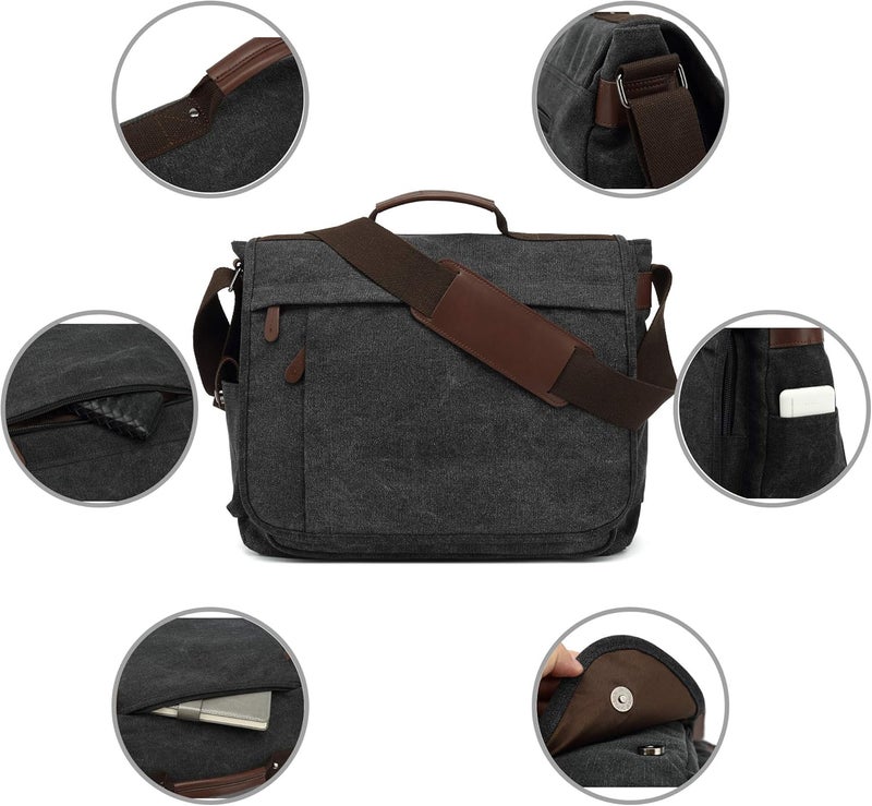 CALIYO Men's Canvas Shoulder Bag School Bag Queformat A4 Laptop Bag for 15.6 Inch Laptop Work Bag Briefcase - Image 5
