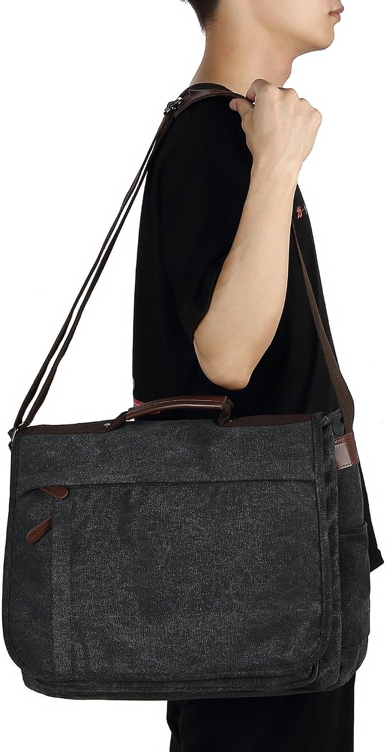 CALIYO Men's Canvas Shoulder Bag School Bag Queformat A4 Laptop Bag for 15.6 Inch Laptop Work Bag Briefcase - Image 2
