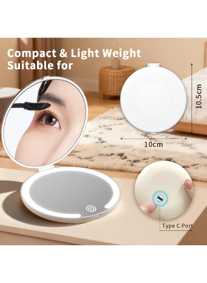 Compact Mirror with LED Light, Lighted Travel Makeup Mirror with 5X Magnifying Double Sided Dimmable Portable Pocket for Handbag and Pocket,USB Charging(White) - Image 3