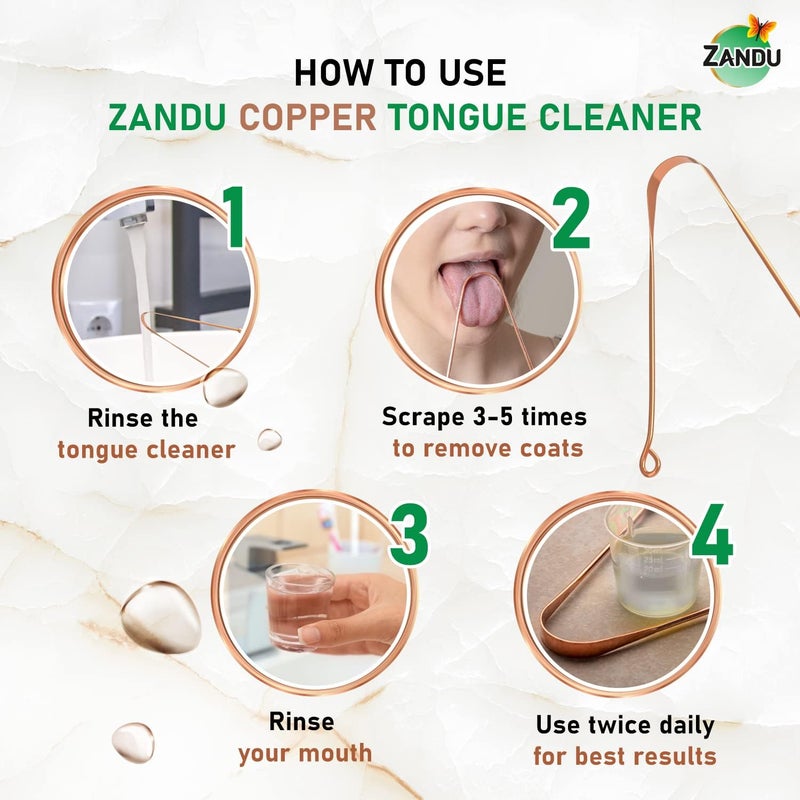 Zandu مجموعة زاندو لكاشط اللسان النحاسي من 2 كاشط لسان لإدارة صحة الفم يقلل من رائحة الفم الكريهة يدعم الصحة الهضمية مقبض مريح ومرن سهل وآمن للاستخدام - Image 5