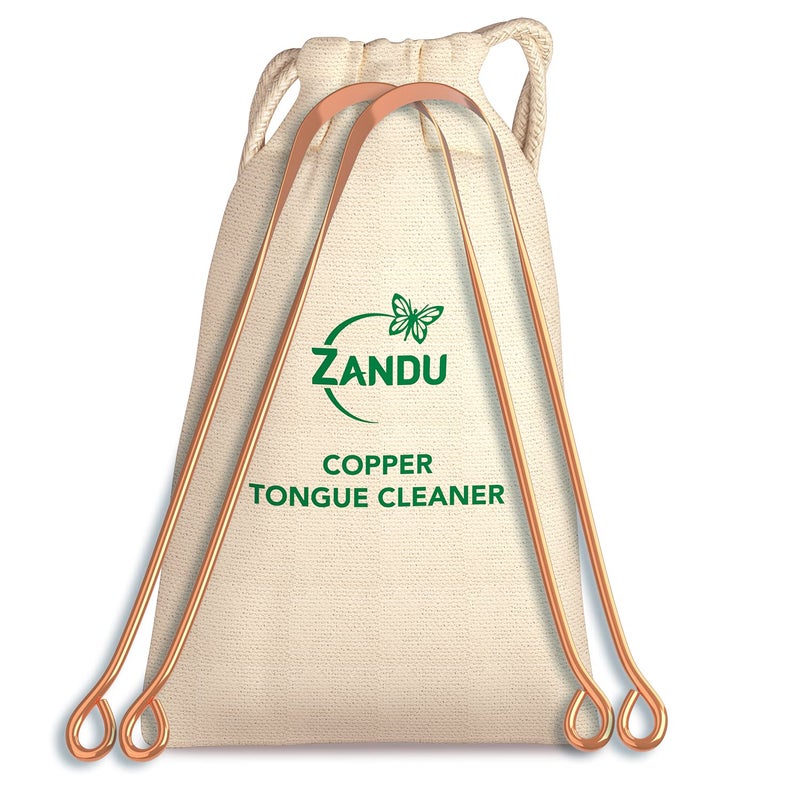 Zandu مجموعة زاندو لكاشط اللسان النحاسي من 2 كاشط لسان لإدارة صحة الفم يقلل من رائحة الفم الكريهة يدعم الصحة الهضمية مقبض مريح ومرن سهل وآمن للاستخدام - Image 1