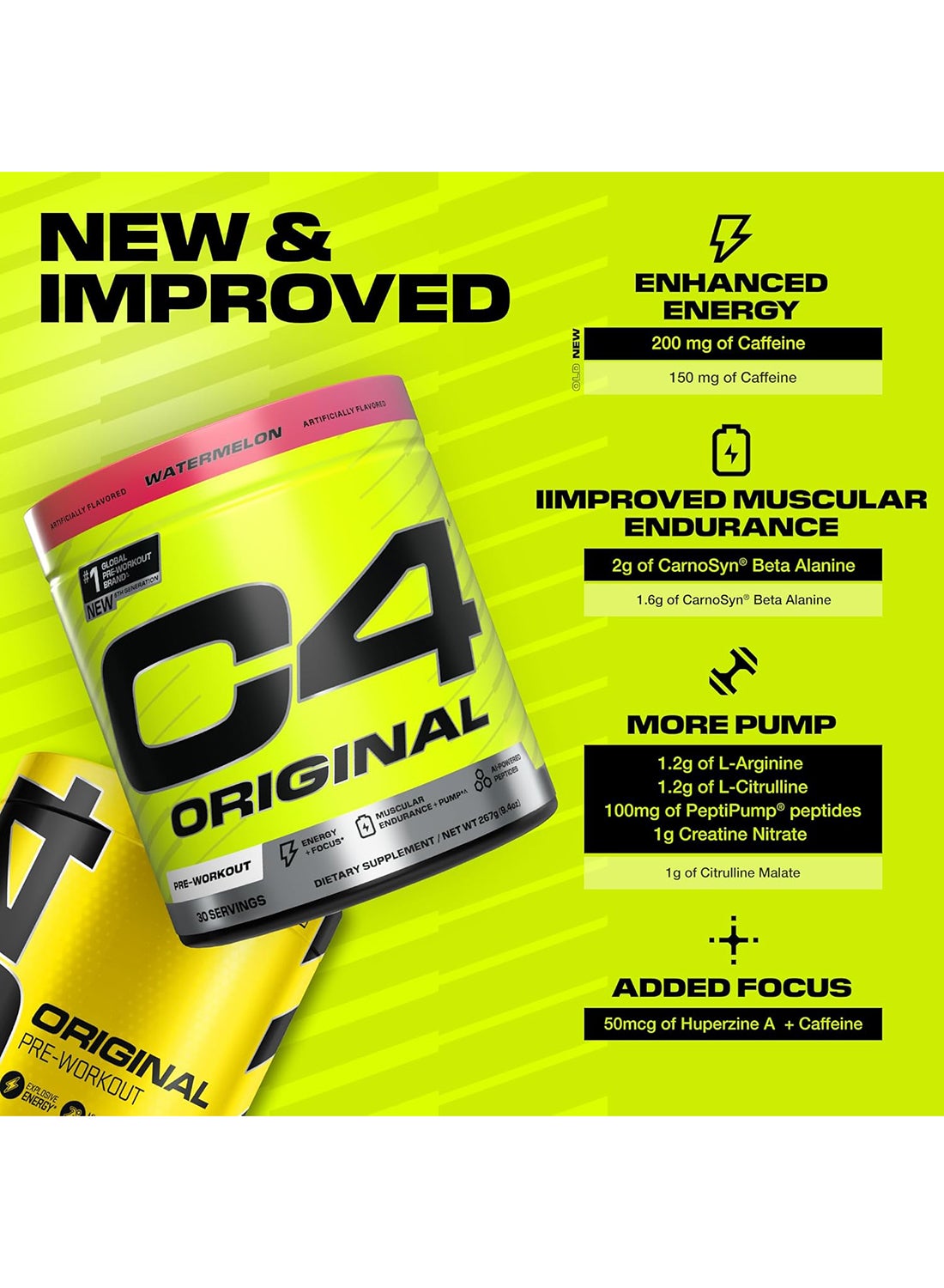 C4 Original Pre Workout Powder With Zero Sugar, Beta-Alanine, Vitamin C, For Energy, Focus & Performance, Watermelon - 30 Servings