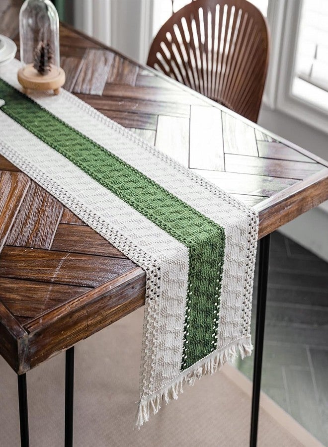 Alynsehom Macrame Table Runner Cream Beige and Green Boho Table Runners with Tassels Hand Woven Cotton Table Runner Rustic Farmhouse Table Runners for Bohemian Kitchen Dining Table(12x71in) - Image 3