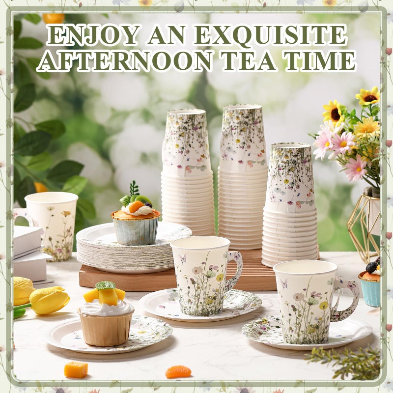 Rtteri 50 Sets Floral Paper Tea Cup Set 9 oz Disposable Paper Teacups with Handle and Plates Wildflower Party Teacups and Saucers Set for Hot Cold Drink Wedding Bridal Baby Shower Decorations - Image 4
