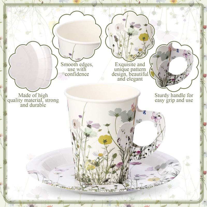 Rtteri 50 Sets Floral Paper Tea Cup Set 9 oz Disposable Paper Teacups with Handle and Plates Wildflower Party Teacups and Saucers Set for Hot Cold Drink Wedding Bridal Baby Shower Decorations - Image 3