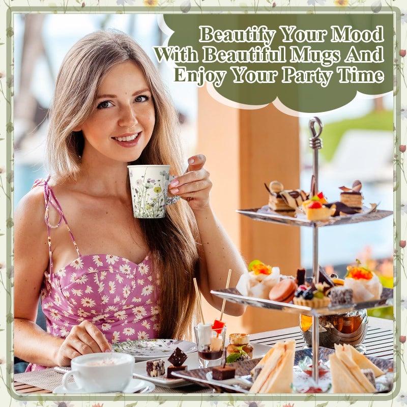 Rtteri 50 Sets Floral Paper Tea Cup Set 9 oz Disposable Paper Teacups with Handle and Plates Wildflower Party Teacups and Saucers Set for Hot Cold Drink Wedding Bridal Baby Shower Decorations - Image 5