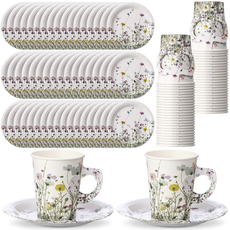 Rtteri 50 Sets Floral Paper Tea Cup Set 9 oz Disposable Paper Teacups with Handle and Plates Wildflower Party Teacups and Saucers Set for Hot Cold Drink Wedding Bridal Baby Shower Decorations - Image 1