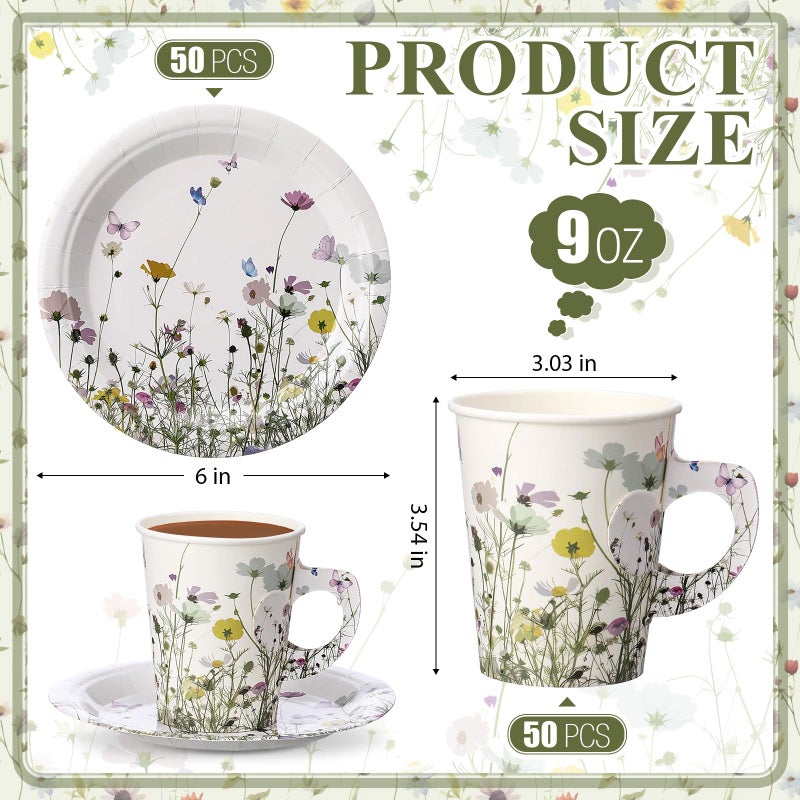 Rtteri 50 Sets Floral Paper Tea Cup Set 9 oz Disposable Paper Teacups with Handle and Plates Wildflower Party Teacups and Saucers Set for Hot Cold Drink Wedding Bridal Baby Shower Decorations - Image 2