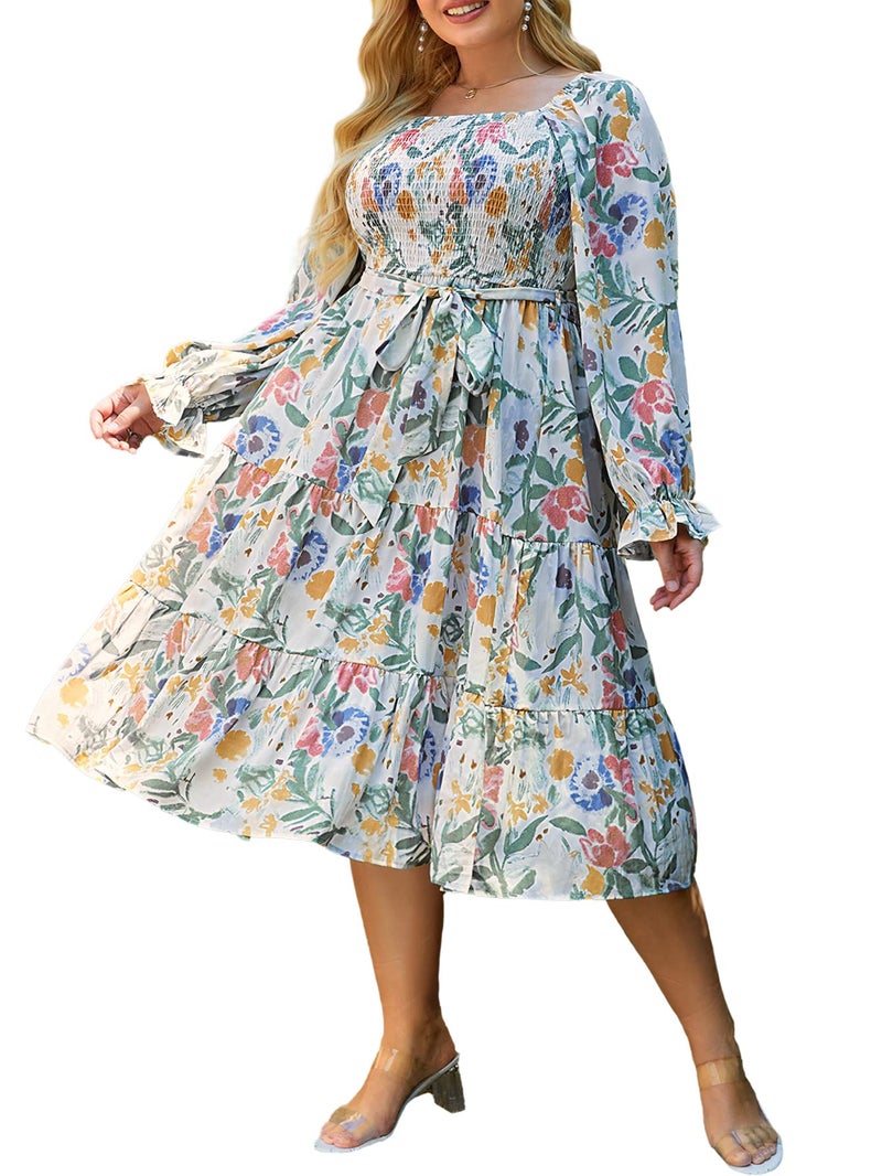 Amegoya Women's Bohemian Plus Size Spring Floral Midi Dress Long Sleeve Smocked Square Neck Dress 4X-Large Print - Image 1