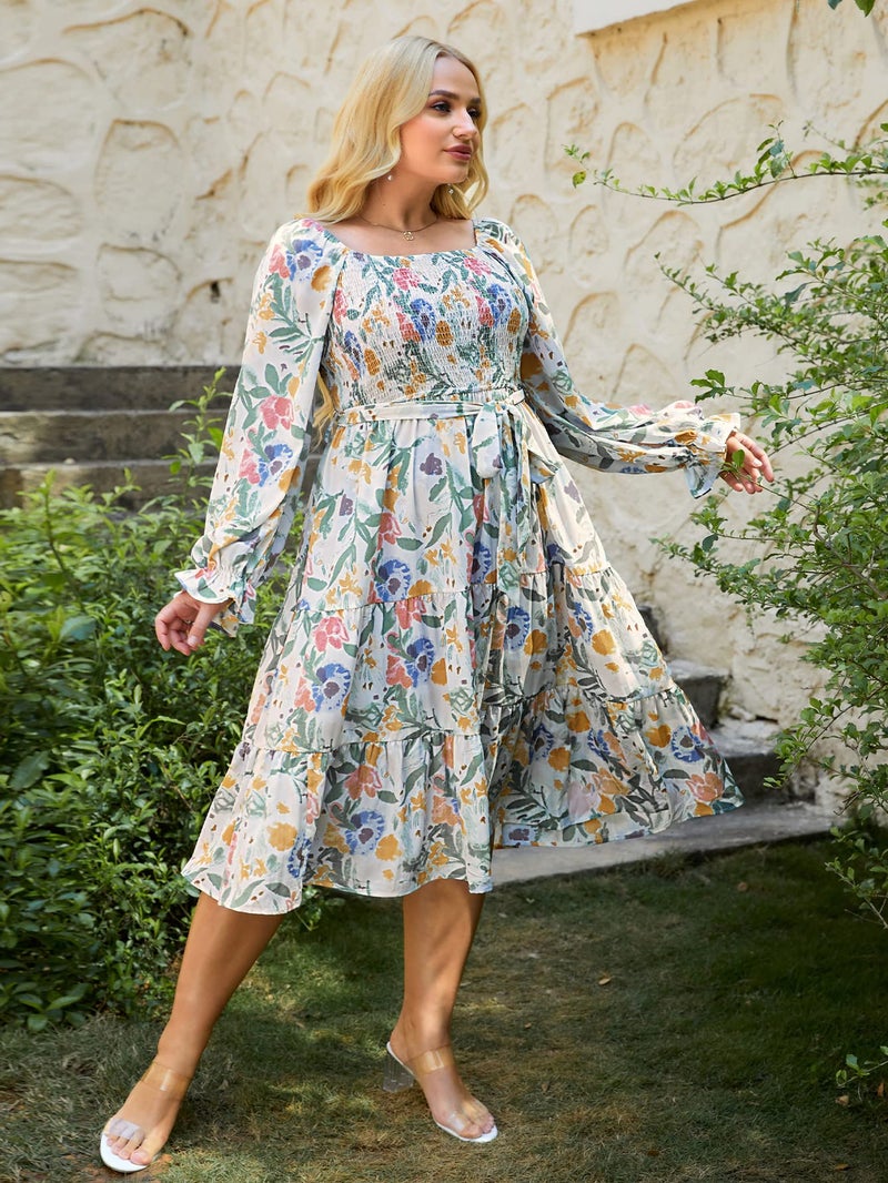 Amegoya Women's Bohemian Plus Size Spring Floral Midi Dress Long Sleeve Smocked Square Neck Dress 4X-Large Print - Image 3