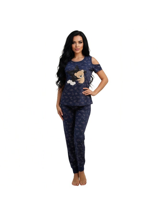 جوانا طقم بيجامة نسائي بطبعة نجوم، قميص بدون أكتاف وبنطال طويل، باللون الأزرق الداكن - Image 2