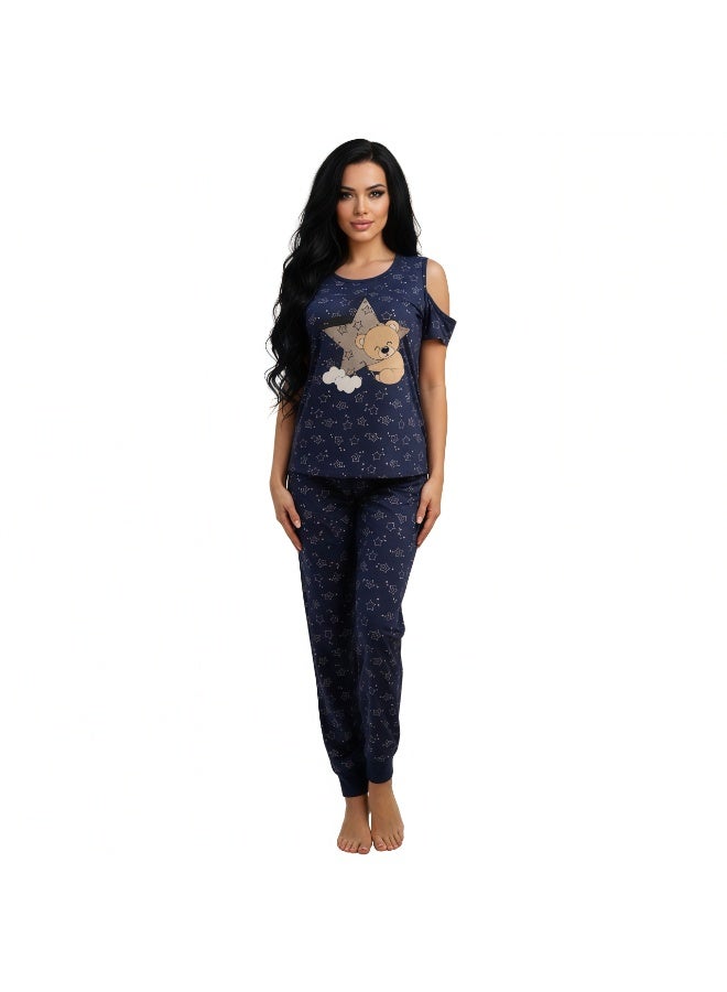 جوانا طقم بيجامة نسائي بطبعة نجوم، قميص بدون أكتاف وبنطال طويل، باللون الأزرق الداكن - Image 1