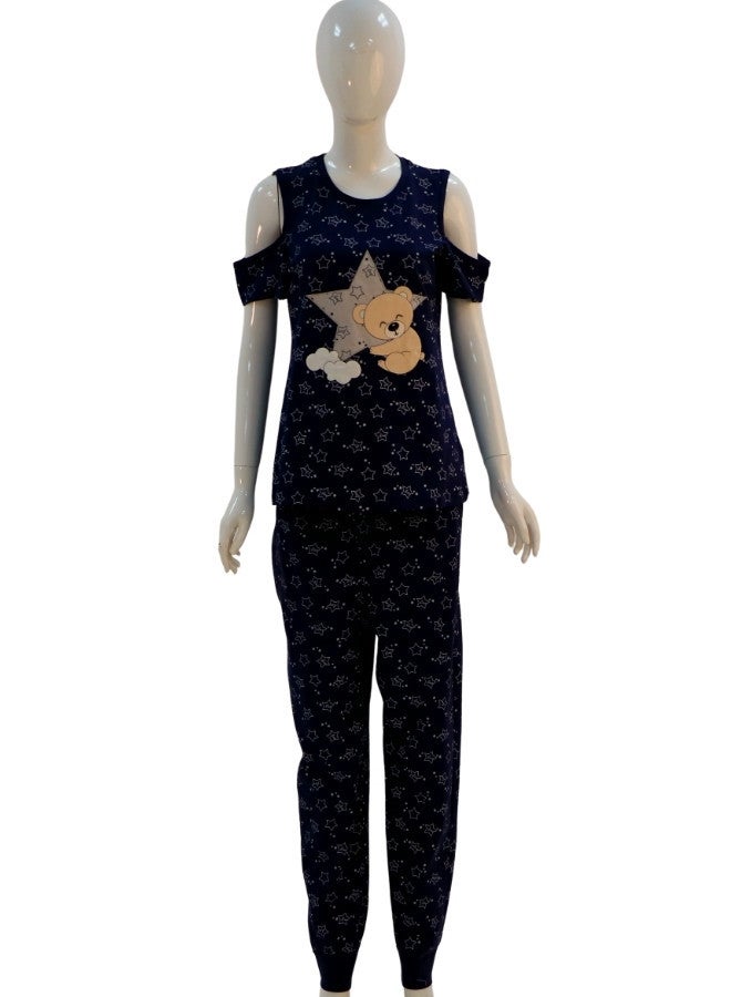 JOANNA JOANNA Women's Stars Print Off Shoulder Shirt & Long Pants Pajama Set, Dark Blue - Image 1
