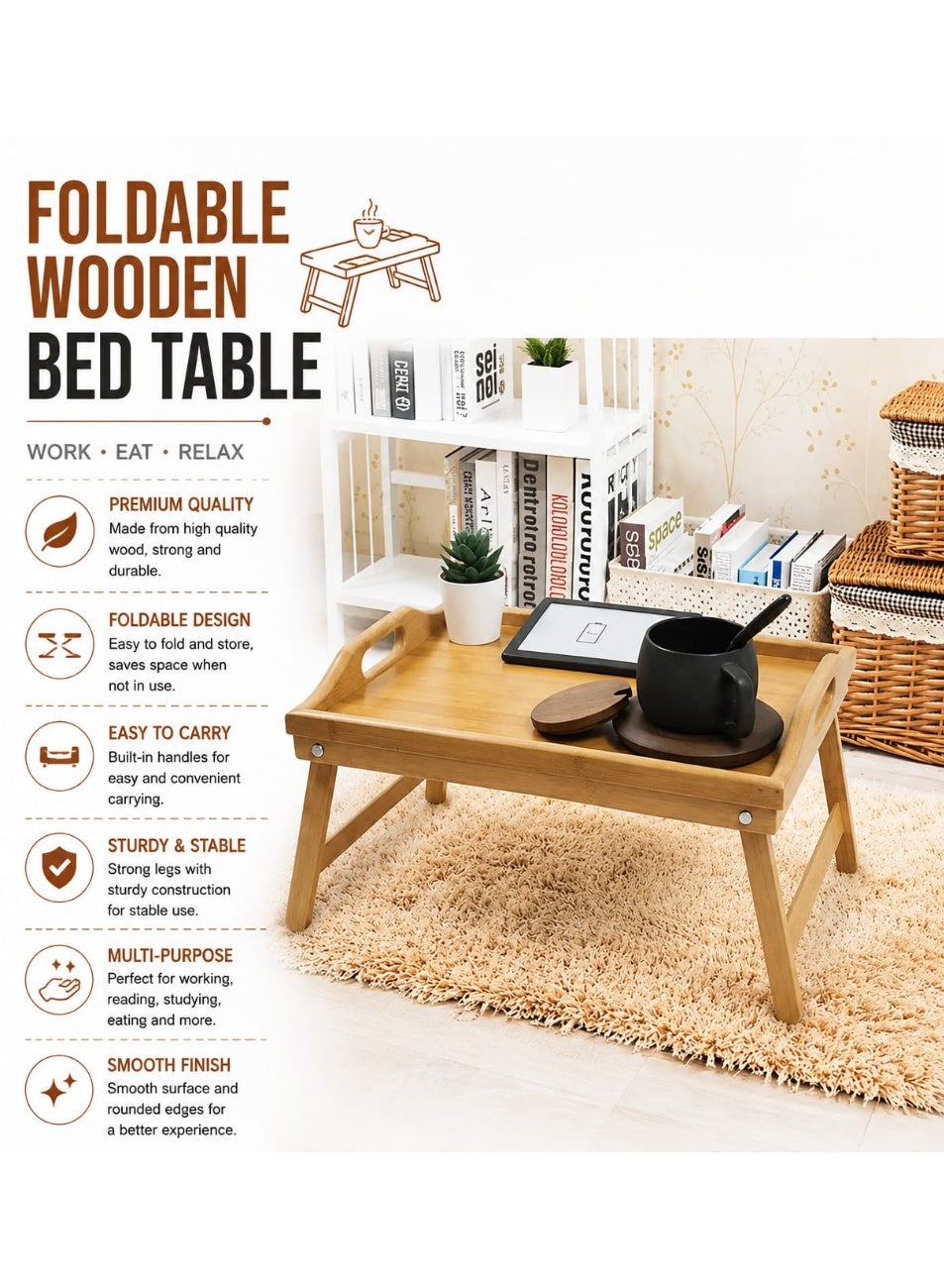 Zuvera Foldable Bed Tray Table with Folding Legs for Laptop, Breakfast, and Serving