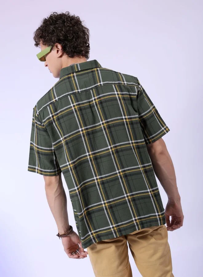 The Indian Garage Co Men Boxy Fit Checkered Half Sleeves Cuban Collar Double Flap Pocket Street Wear Over Shirt