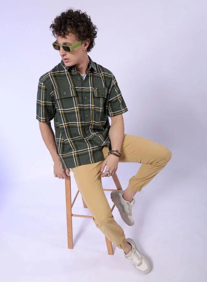 The Indian Garage Co Men Boxy Fit Checkered Half Sleeves Cuban Collar Double Flap Pocket Street Wear Over Shirt