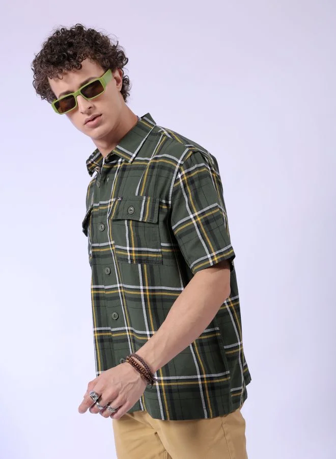 The Indian Garage Co Men Boxy Fit Checkered Half Sleeves Cuban Collar Double Flap Pocket Street Wear Over Shirt