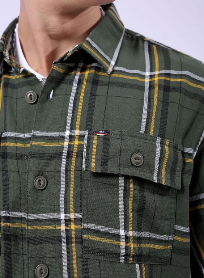 The Indian Garage Co Men Boxy Fit Checkered Half Sleeves Cuban Collar Double Flap Pocket Street Wear Over Shirt