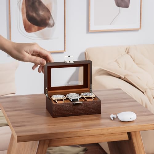 ProCase Wooden Watch Box for Men, 3 Slot Watch Display Case with Glass Lid - Espresso - Image 5