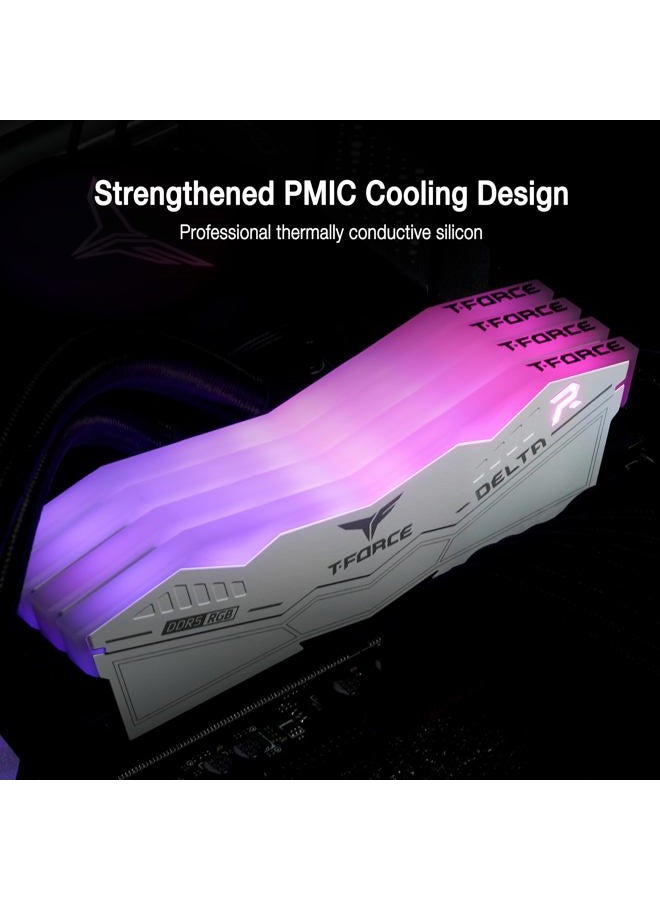 TeamGroup ذاكرة رام T-Force Delta RGB DDR5 سعة 64 جيجابايت (2x32 جيجابايت) 6000 ميجاهرتز CL38 متوافقة مع Intel XMP 3.0 و AMD Expo وحدة ذاكرة سطح المكتب بيضاء FF4D564G6000HC38ADC01 - Image 4