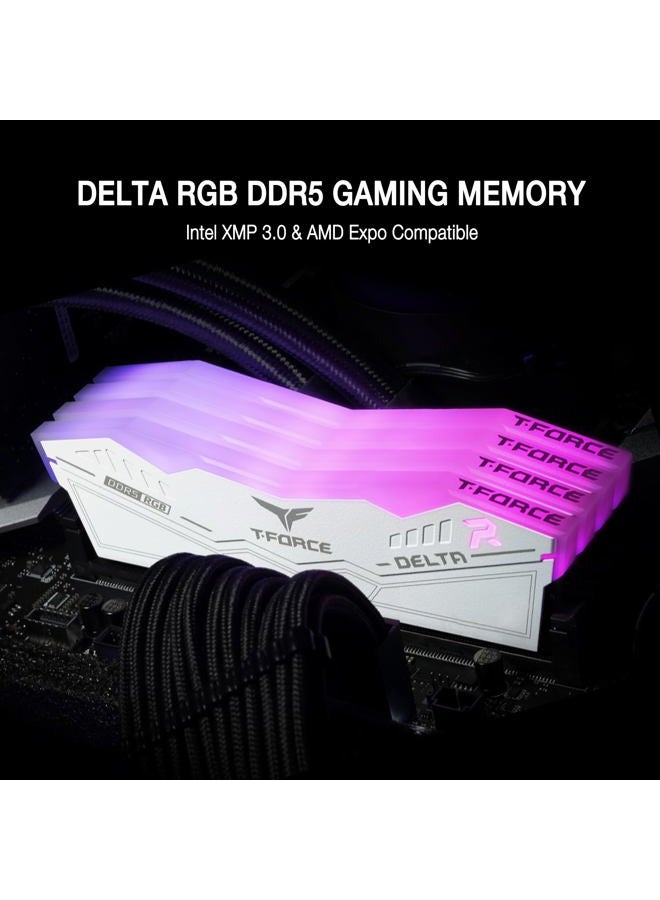TeamGroup ذاكرة رام T-Force Delta RGB DDR5 سعة 64 جيجابايت (2x32 جيجابايت) 6000 ميجاهرتز CL38 متوافقة مع Intel XMP 3.0 و AMD Expo وحدة ذاكرة سطح المكتب بيضاء FF4D564G6000HC38ADC01 - Image 2