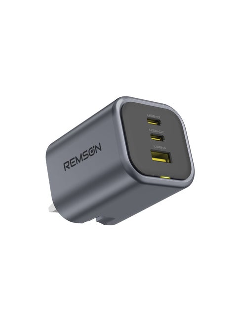 Remson Neo Power 65W GaN Wall Charger QC 3.0 PD 2 USB-C / 1 USB-A Ports Foldable Plug with Fast Charging Indicator Compatible with iPhone, iPad, Samsung, Huawei, Xiaomi etc